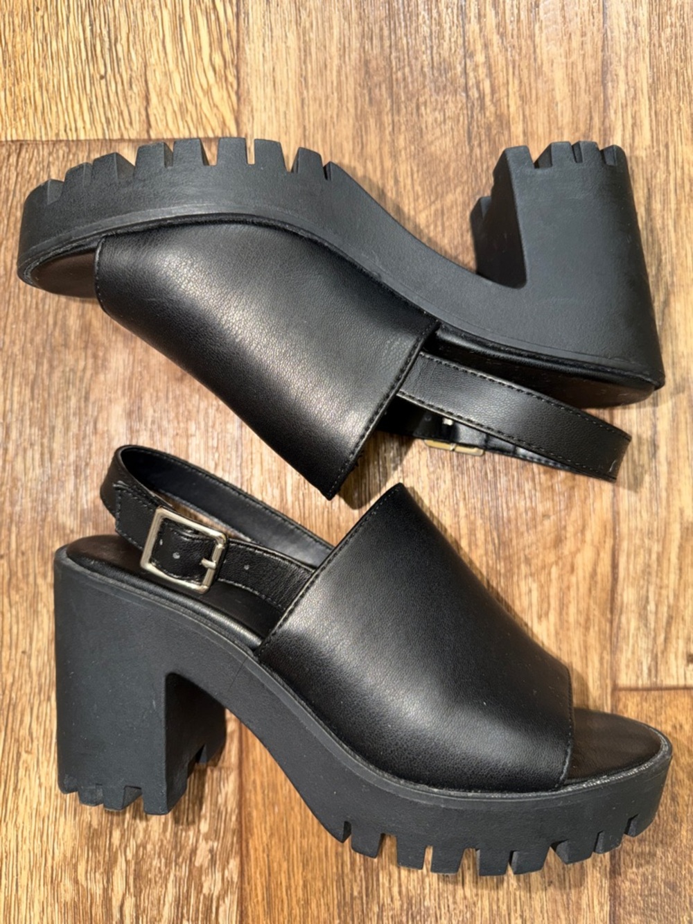 Soda Black Chunky Lug Slingback Heels